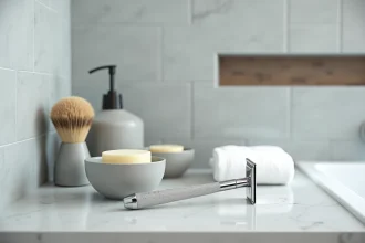 Accessoires de rasage soigneusement disposés sur un plan de travail de salle de bain en pierre blanche avec rasoir de sécurité, bol de savon et blaireau