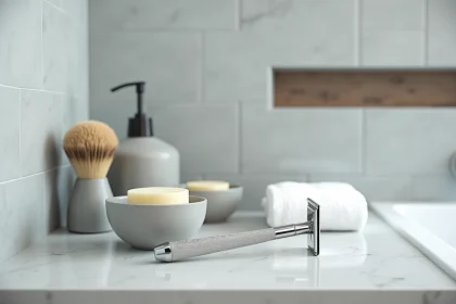 Accessoires de rasage soigneusement disposés sur un plan de travail de salle de bain en pierre blanche avec rasoir de sécurité, bol de savon et blaireau