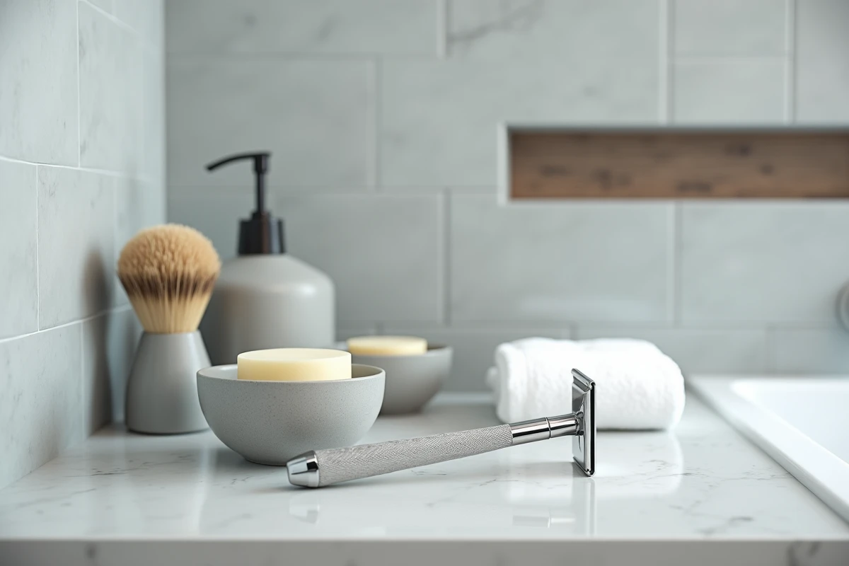 Accessoires de rasage soigneusement disposés sur un plan de travail de salle de bain en pierre blanche avec rasoir de sécurité, bol de savon et blaireau