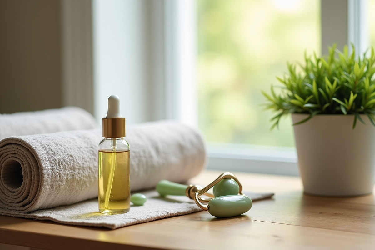 Accessoires de soin et yoga sur une table en bois