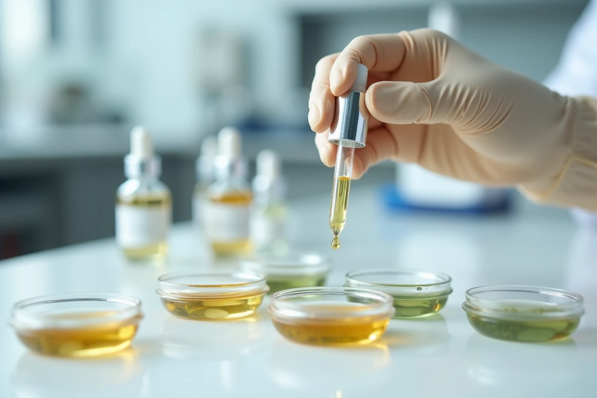Flacons d'essence cosmétique et pipettes sur paillasse de laboratoire avec extraits végétaux actifs