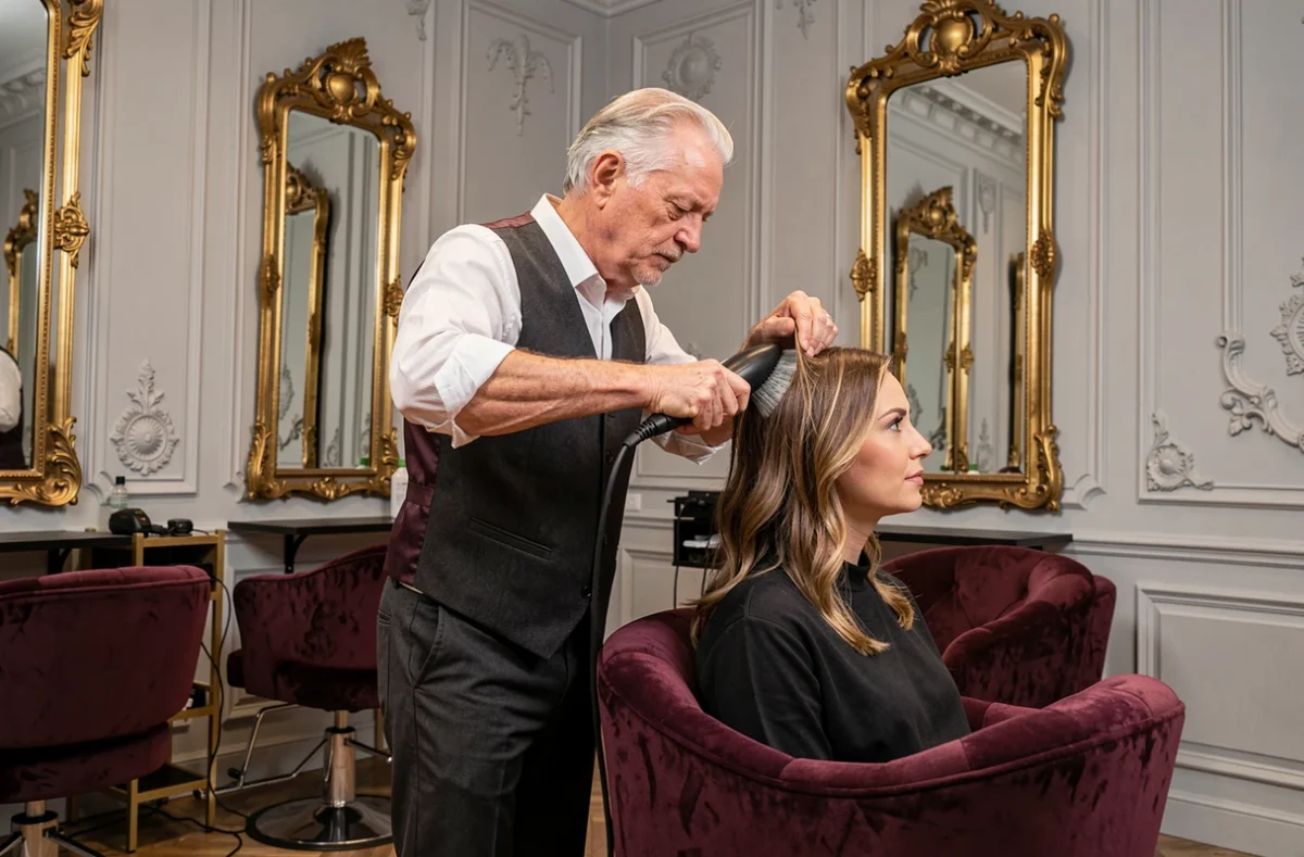 Coiffeur senior effectuant un brushing dans le cadre élégant du salon Alexandre Haute Coiffure à Bordeaux