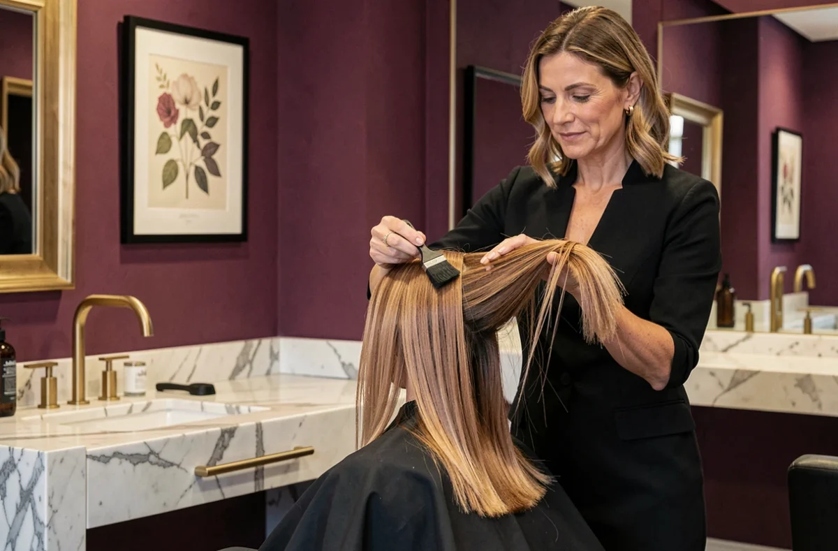 Styliste du salon Amarante à Pau appliquant un toner capillaire dans un espace raffiné aux accents violets et laiton