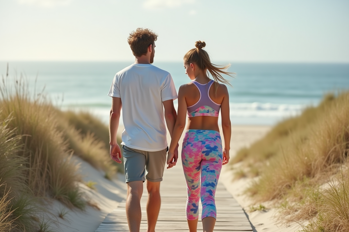 Deux amis en leggings et shorts sportifs marchant sur la plage