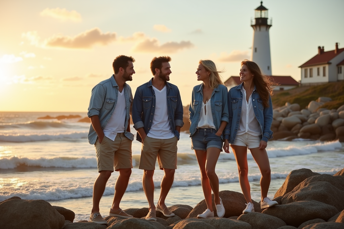 Groupe d amis riant sur la côte rocheuse au coucher du soleil