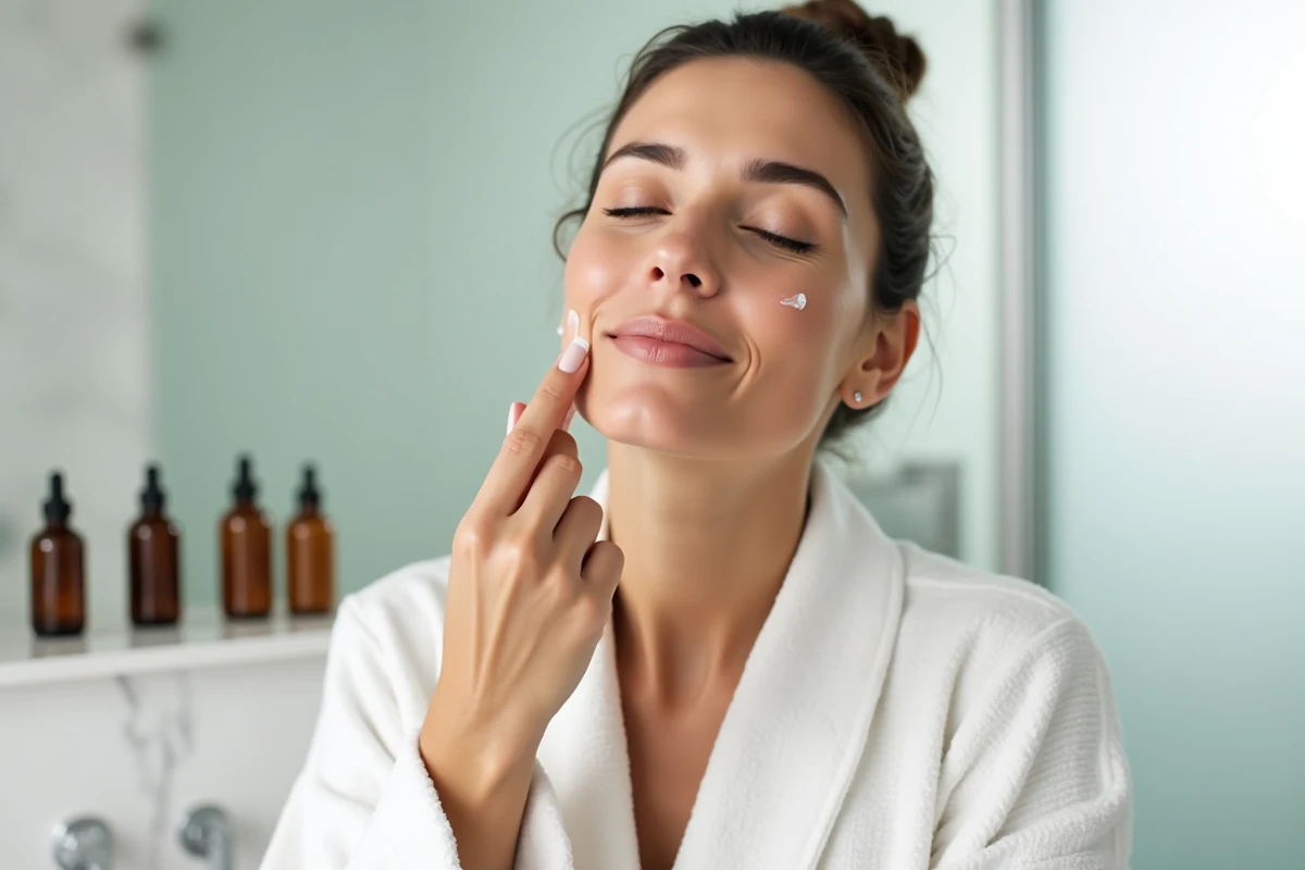 Femme appliquant une essence cosmétique sur le visage dans une salle de bain minimaliste en marbre blanc