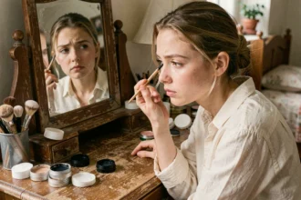 Jeune femme appliquant du khôl sur le bord de l'œil devant un miroir vintage en bois, gros plan sur le geste précis du crayon