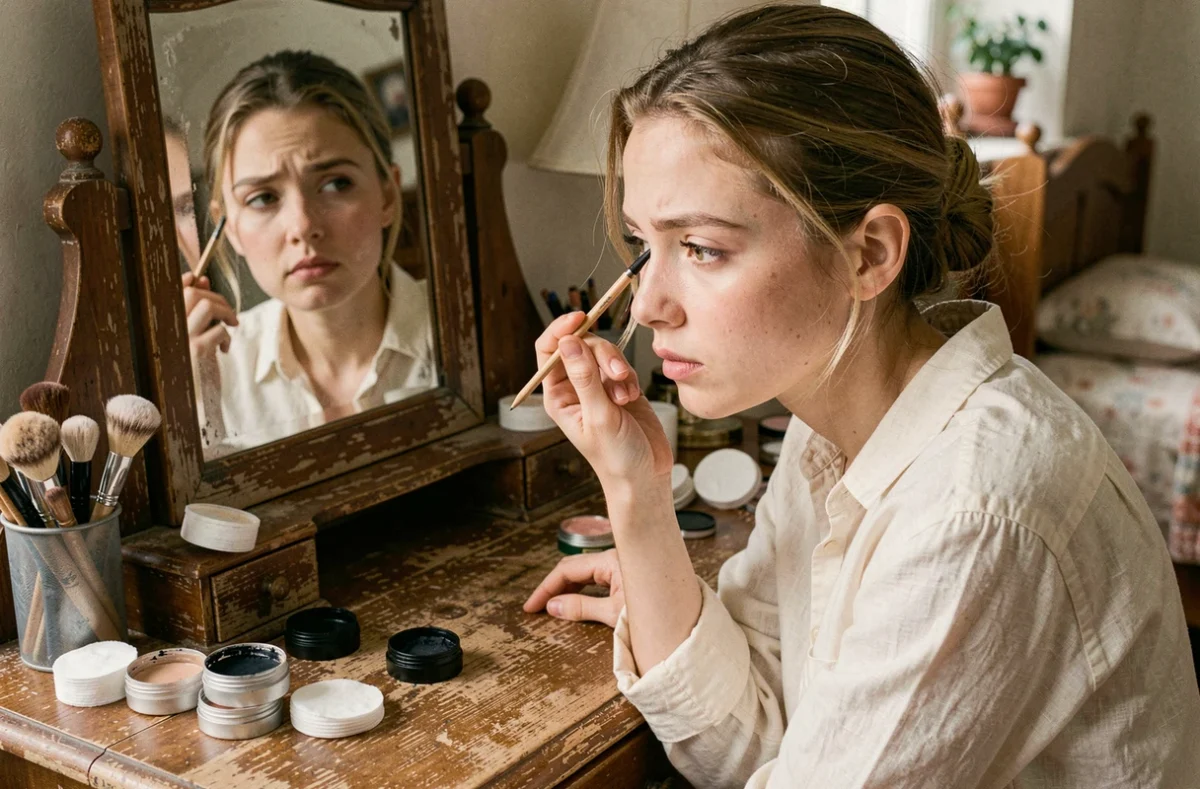 Jeune femme appliquant du khôl sur le bord de l'œil devant un miroir vintage en bois, gros plan sur le geste précis du crayon