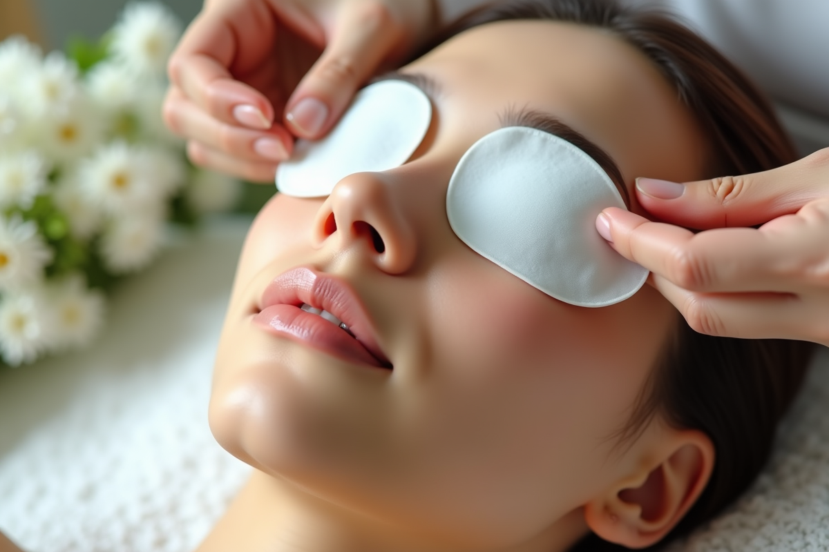 Mains appliquant des patchs rafraîchissants sous les yeux