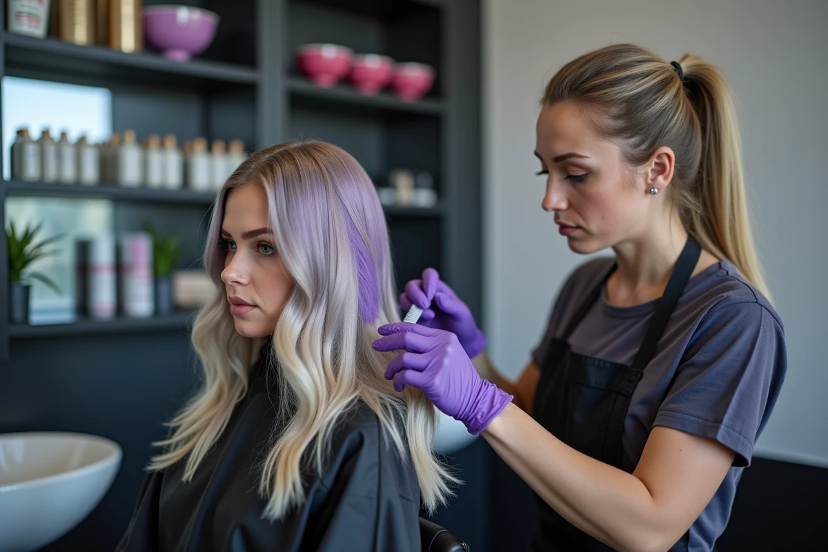 Coiffeuse professionnelle appliquant une patine colorante sur les cheveux blonds d'une cliente en salon