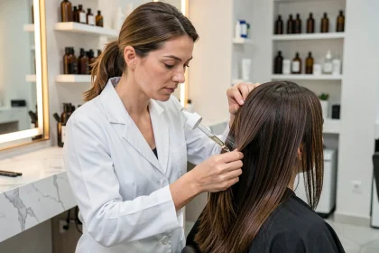 Coiffeuse professionnelle appliquant un sérum capillaire sur cheveux bruns en salon, illustration compatibilité sérum et lissage brésilien
