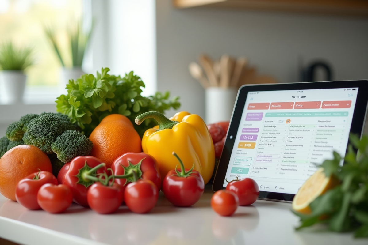 Assortiment de fruits et légumes frais sur un plan de travail
