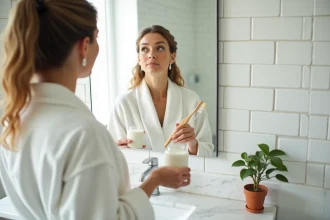 Femme utilisant un remède naturel au bicarbonate pour blanchir ses dents dans une salle de bain moderne
