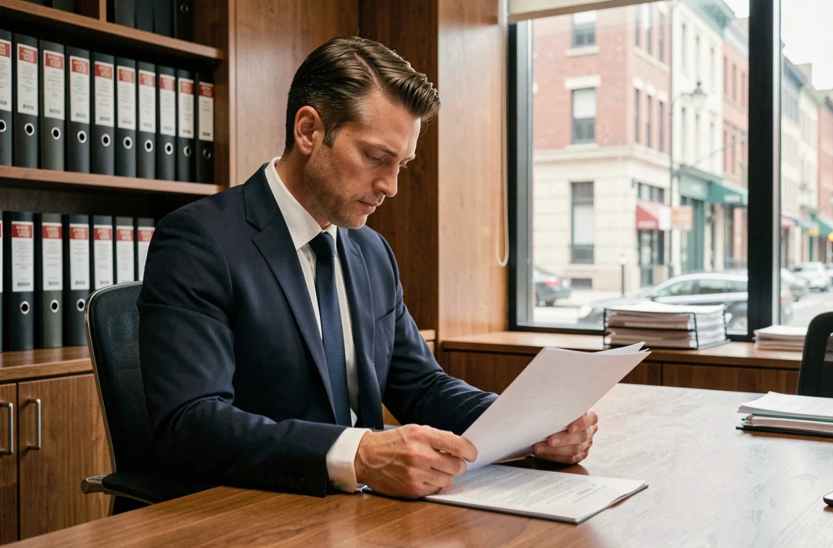 Avocat examinant des documents juridiques liés au partage non consenti de contenus privés et à la législation en vigueur