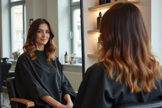 Femme aux cheveux bruns avec un balayage caramel réalisé dans un salon de coiffure moderne au style scandinave