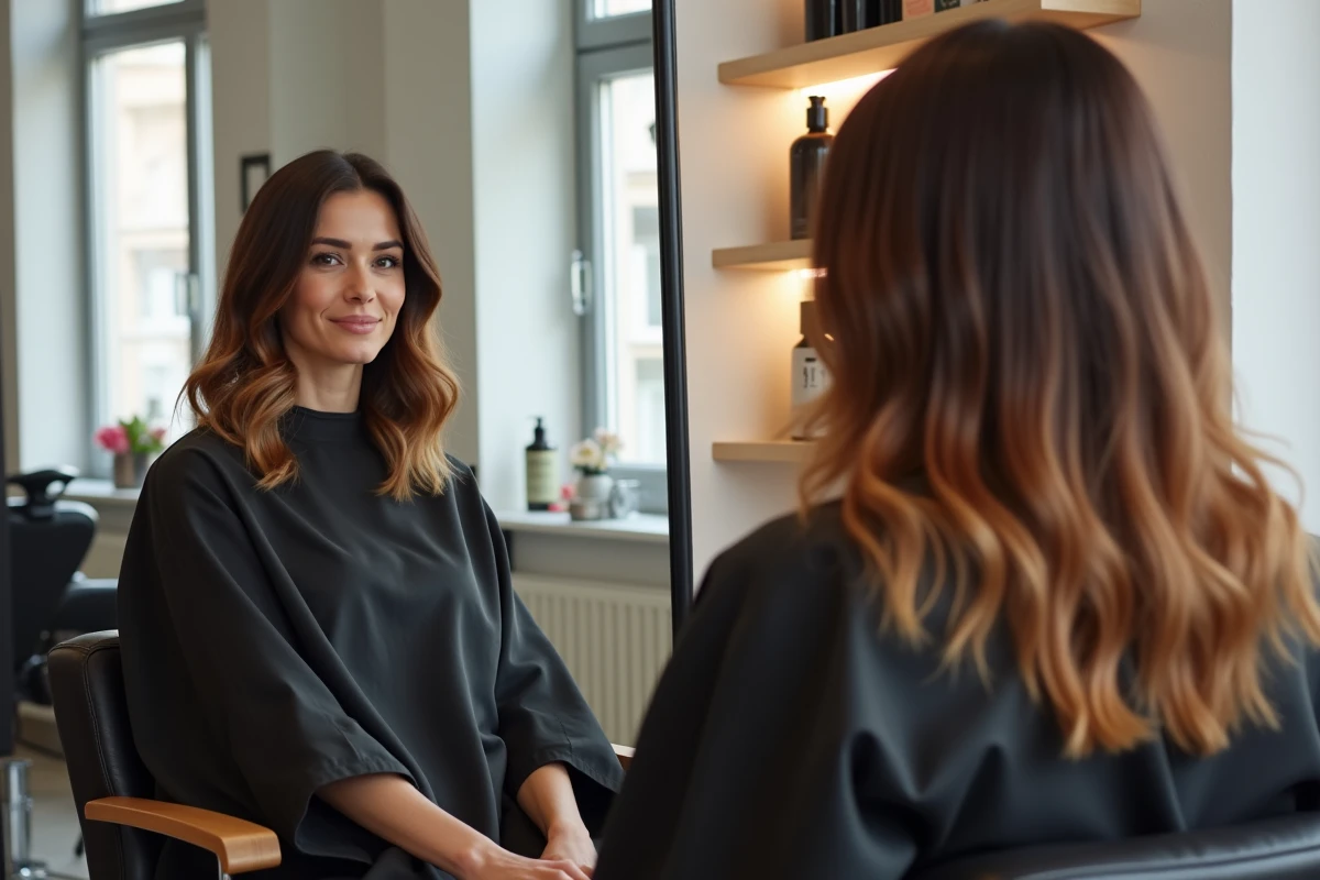 Femme aux cheveux bruns avec un balayage caramel réalisé dans un salon de coiffure moderne au style scandinave