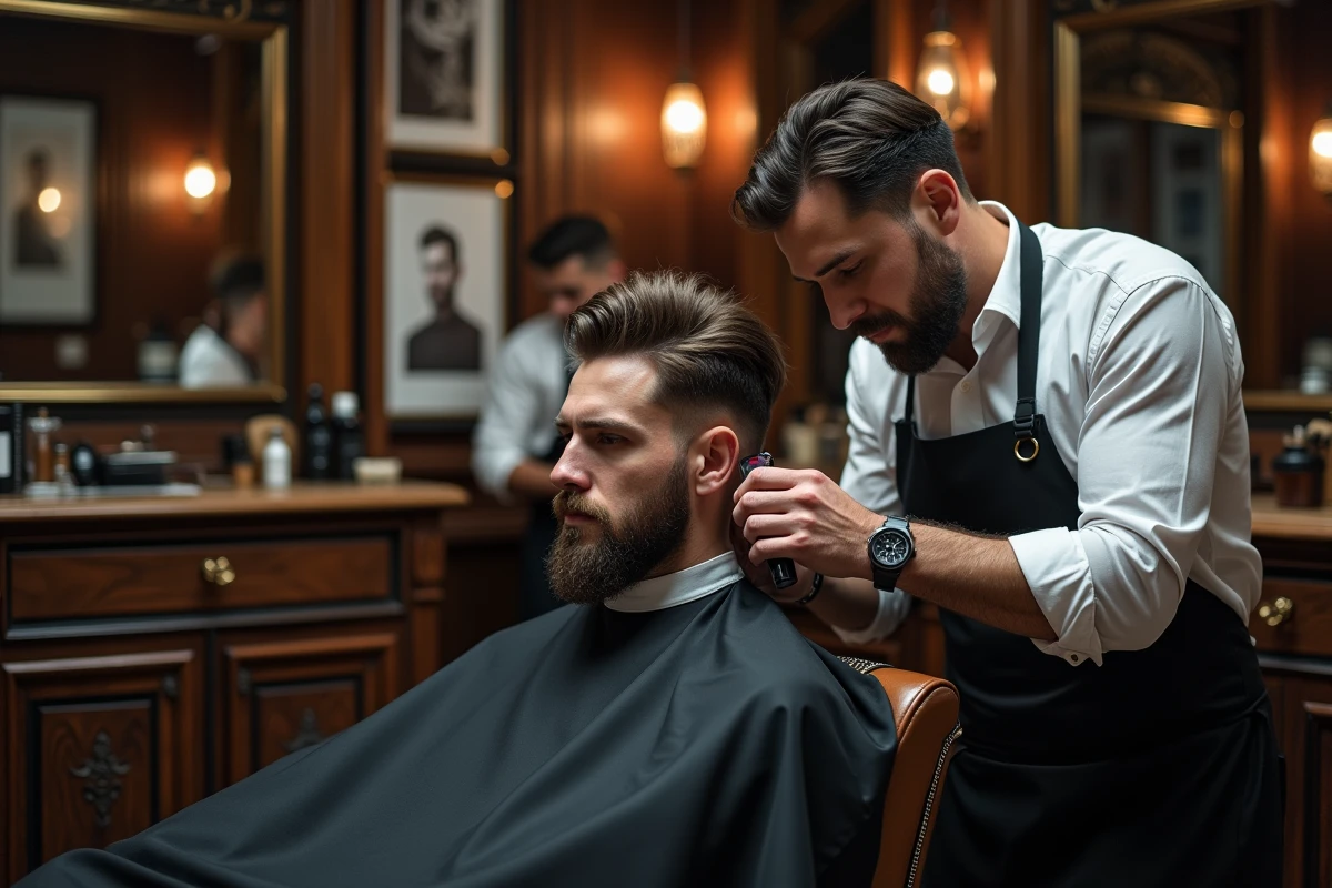 Barbier professionnel réalisant une coupe dégradé raie sur le côté pour un client dans un salon artisanal