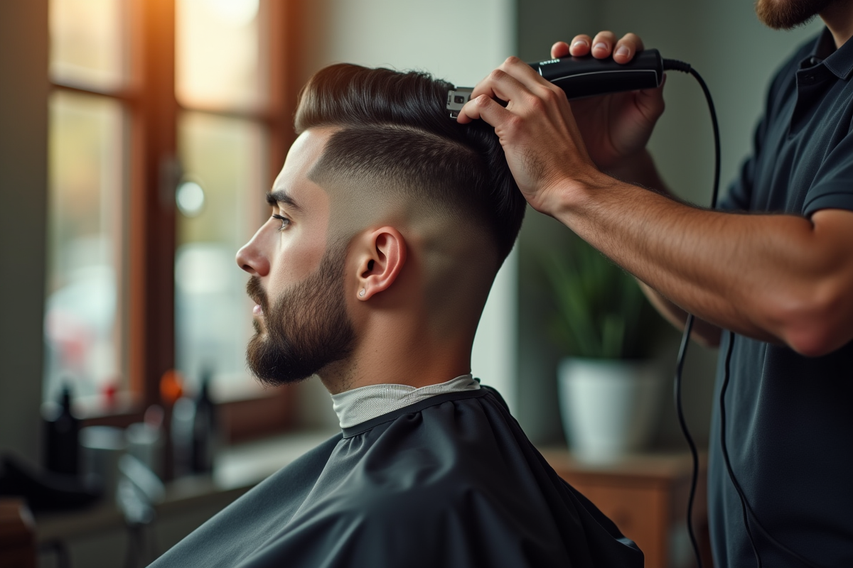 Barbier utilisant des ciseaux pour un dégradé précis