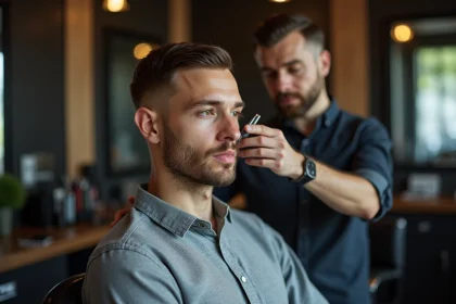 Jeune homme en coiffure chez le barbier avec rasage pr&eacute;cis