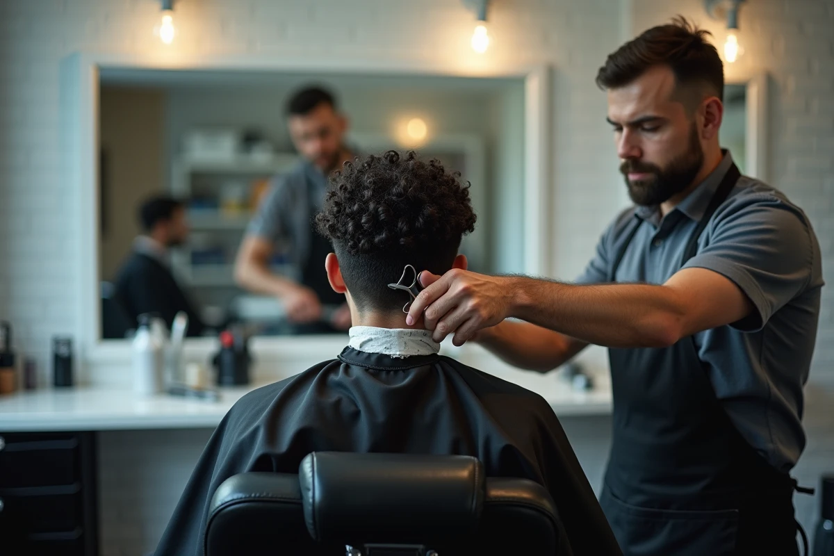 Coiffeur réalisant une coupe mulet sur un client aux cheveux bouclés noirs dans un salon professionnel