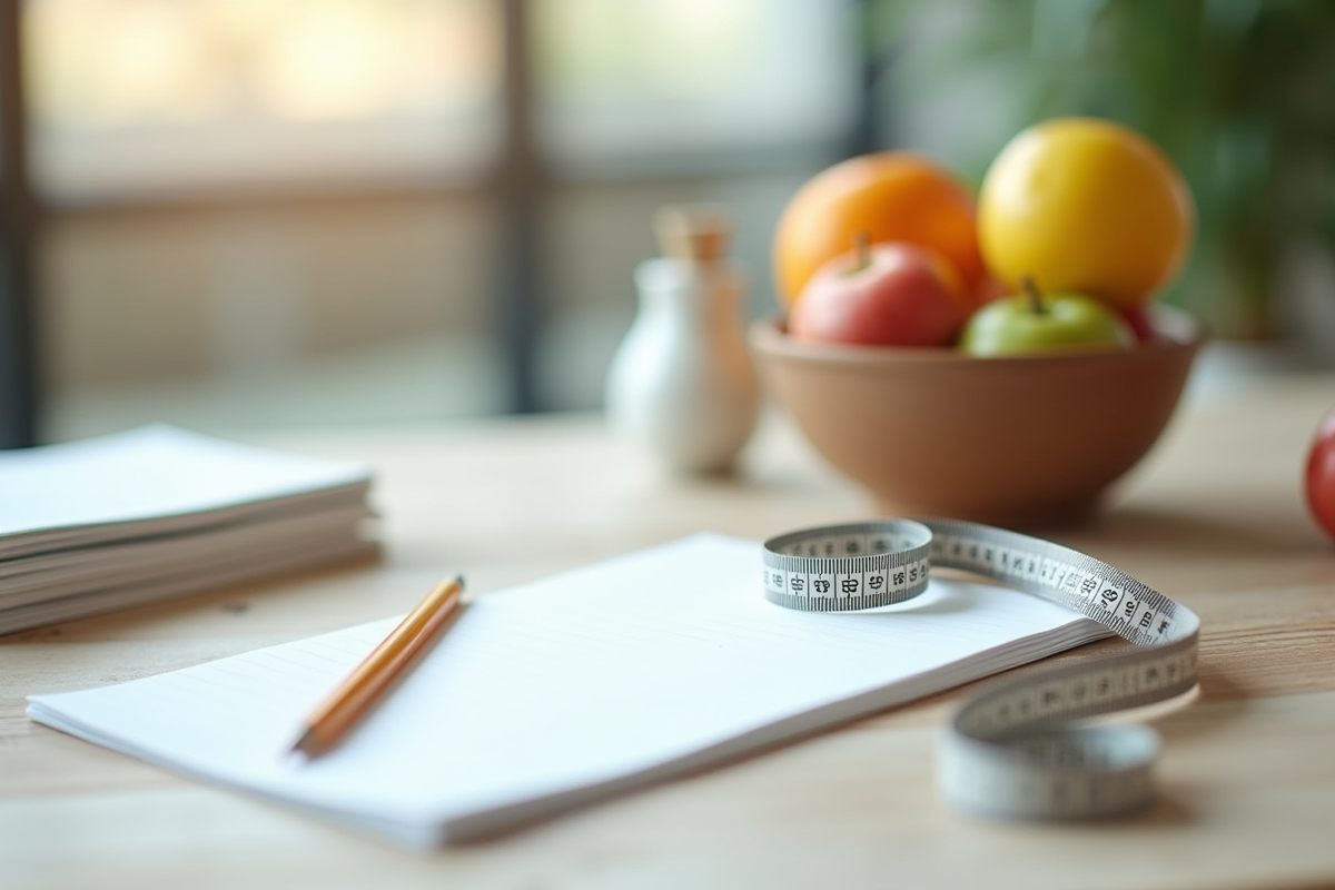 Bureau d’un nutritionniste avec fruits et carnet dans une ambiance lumineuse