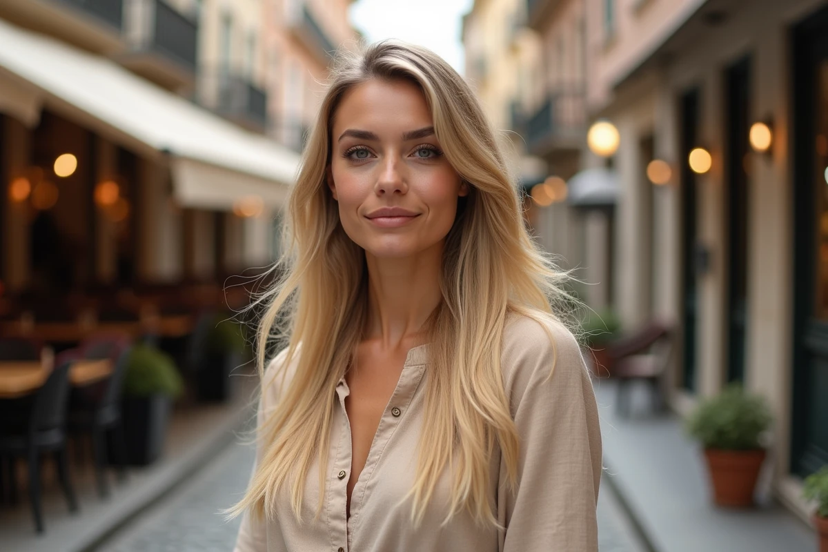 Femme blonde aux longs cheveux effilés en dégradé en extérieur dans une rue urbaine