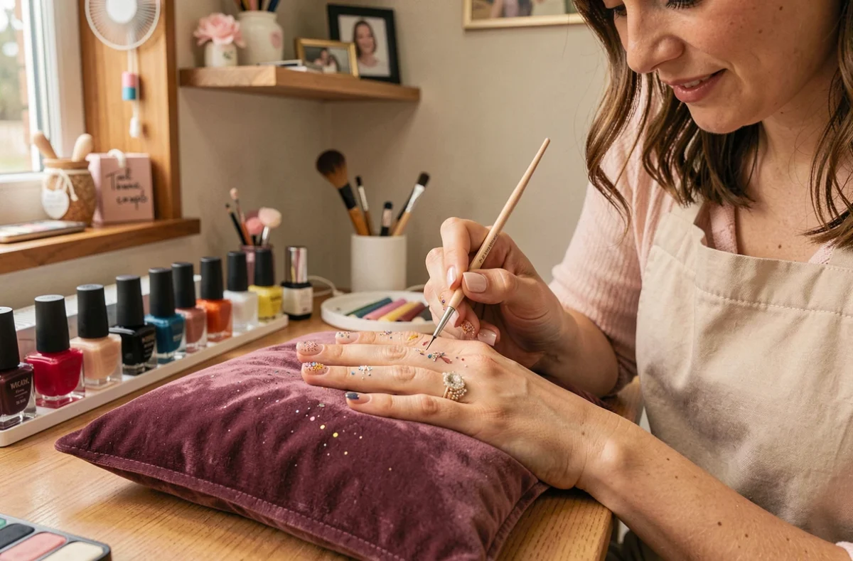 Technicienne en manucure réalisant du nail art soigné chez Sandrine Onglerie à Ouchamps