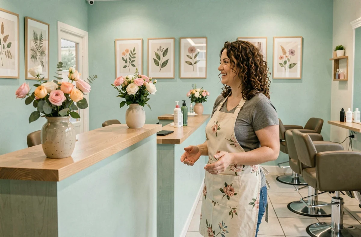 Coiffeuse souriante accueillant une cliente à l'entrée du salon C'Katia au Bouscat