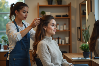 Femme dans un salon de coiffure regardant son reflet