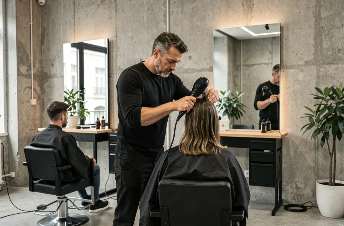 Coiffeur professionnel réalisant un coiffage dans le studio de coiffure Thomas Tuccinardi à Paris