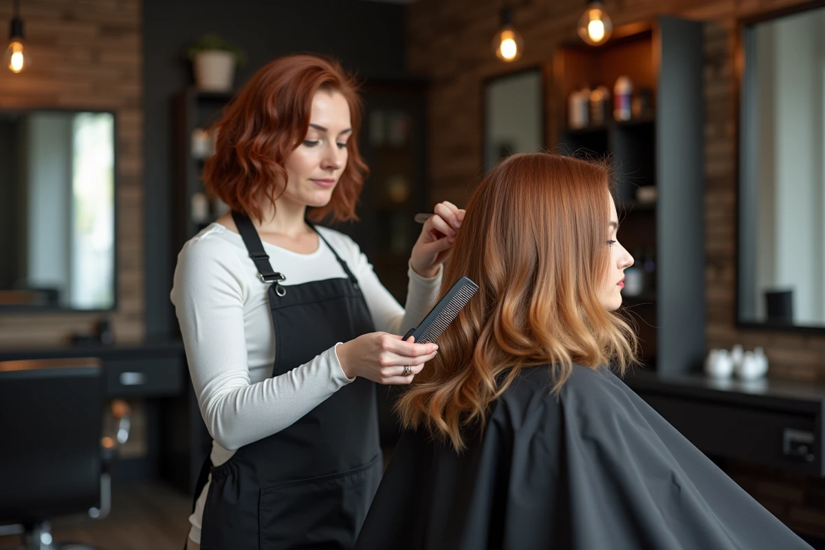 Coiffeuse professionnelle examinant une coloration capillaire altérée par un effet bétadine en salon