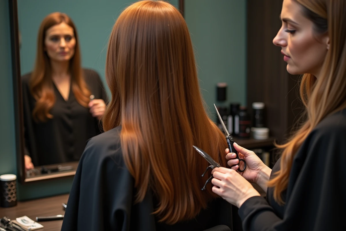 Coiffeuse réalisant une coupe dégradé effilé sur cheveux longs châtains en salon de coiffure