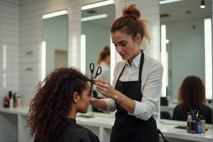 Coiffeuse professionnelle coupant les cheveux bouclés d'une cliente dans un salon moderne, technique shaggy