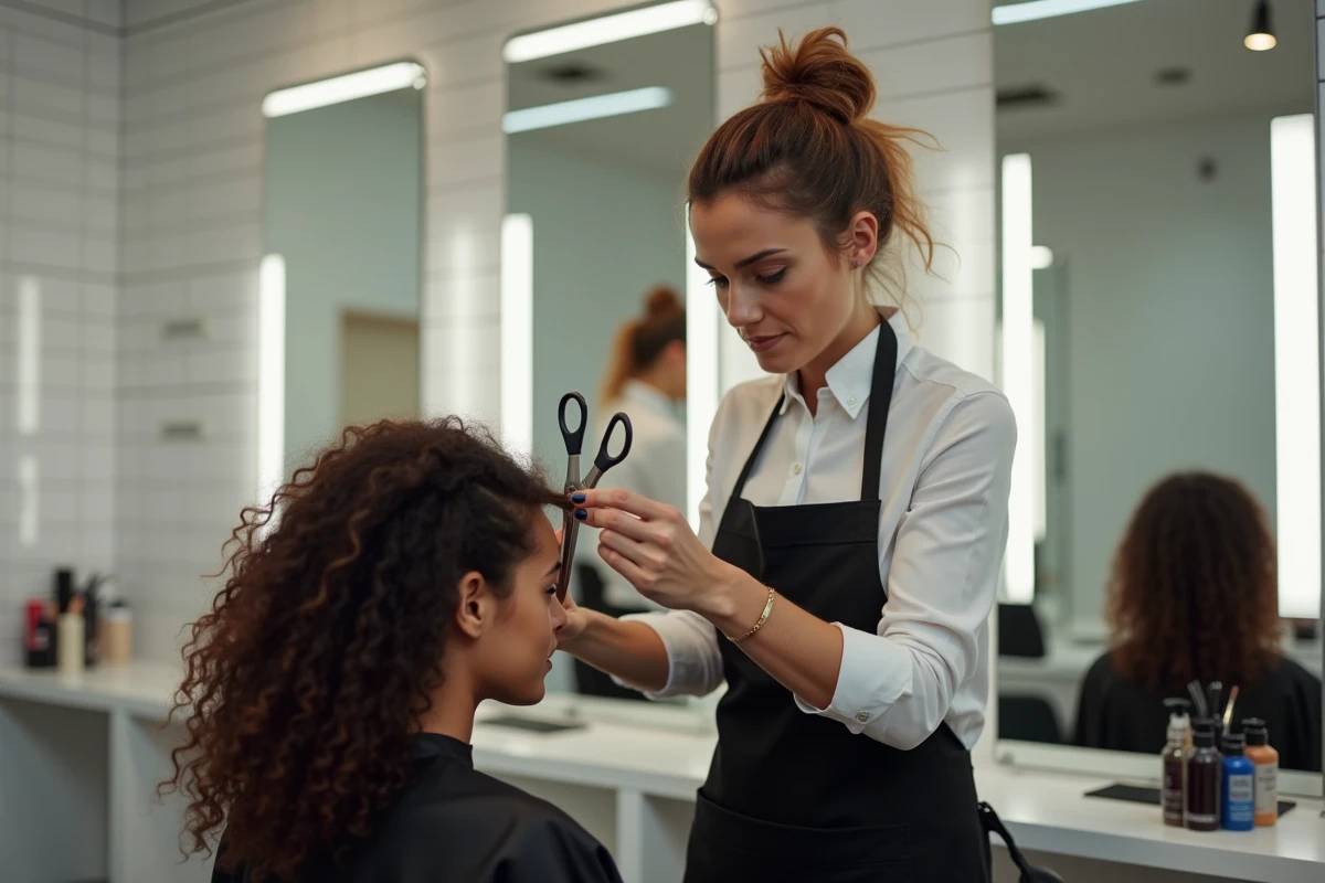 Coiffeuse professionnelle coupant les cheveux bouclés d'une cliente dans un salon moderne, technique shaggy