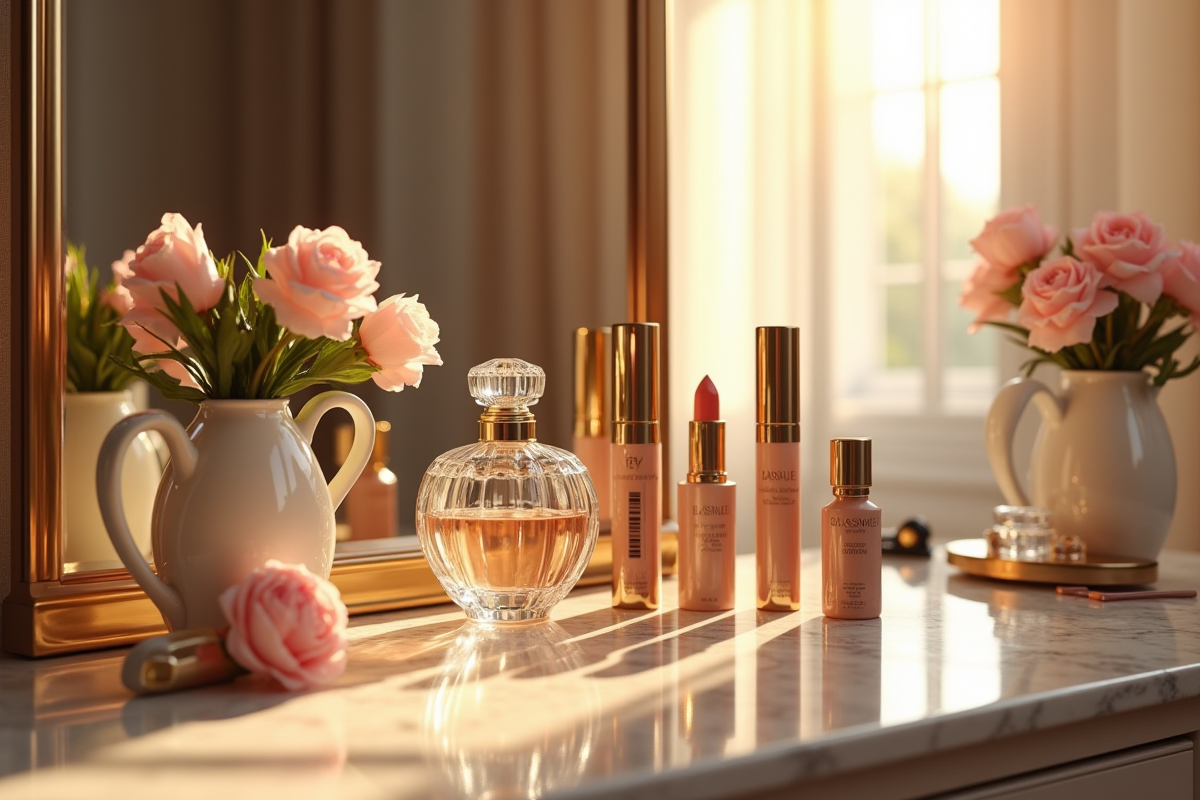 Coiffeuse élégante avec maquillage et parfum précieux