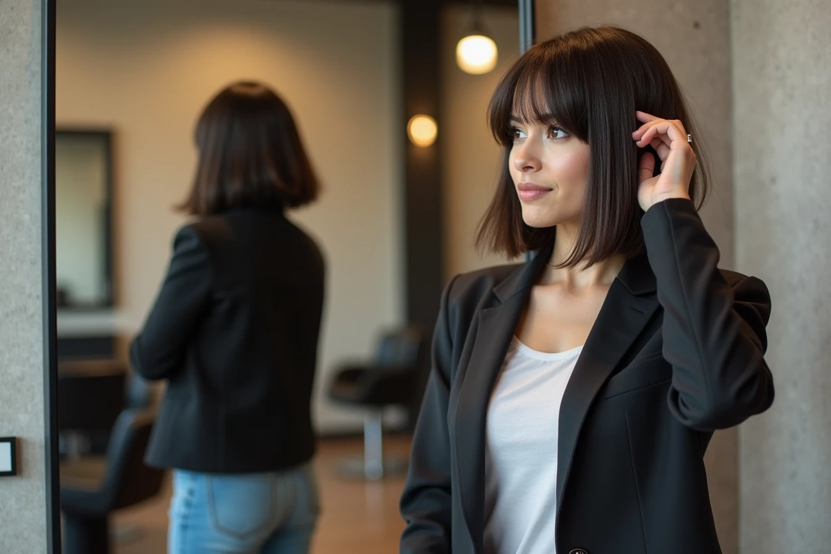 Jeune femme vérifiant sa coupe de cheveux dans un salon moderne