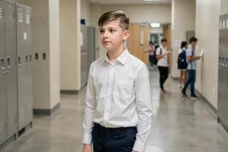 Coiffure ado garçon 14 ans rentrée 2026 – textured crop moderne avec raie latérale en couloir scolaire
