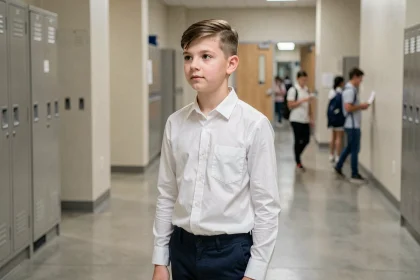 Coiffure ado garçon 14 ans rentrée 2026 – textured crop moderne avec raie latérale en couloir scolaire