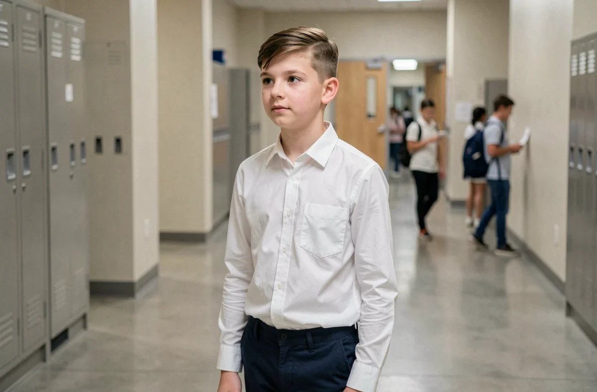 Coiffure ado garçon 14 ans rentrée 2026 – textured crop moderne avec raie latérale en couloir scolaire