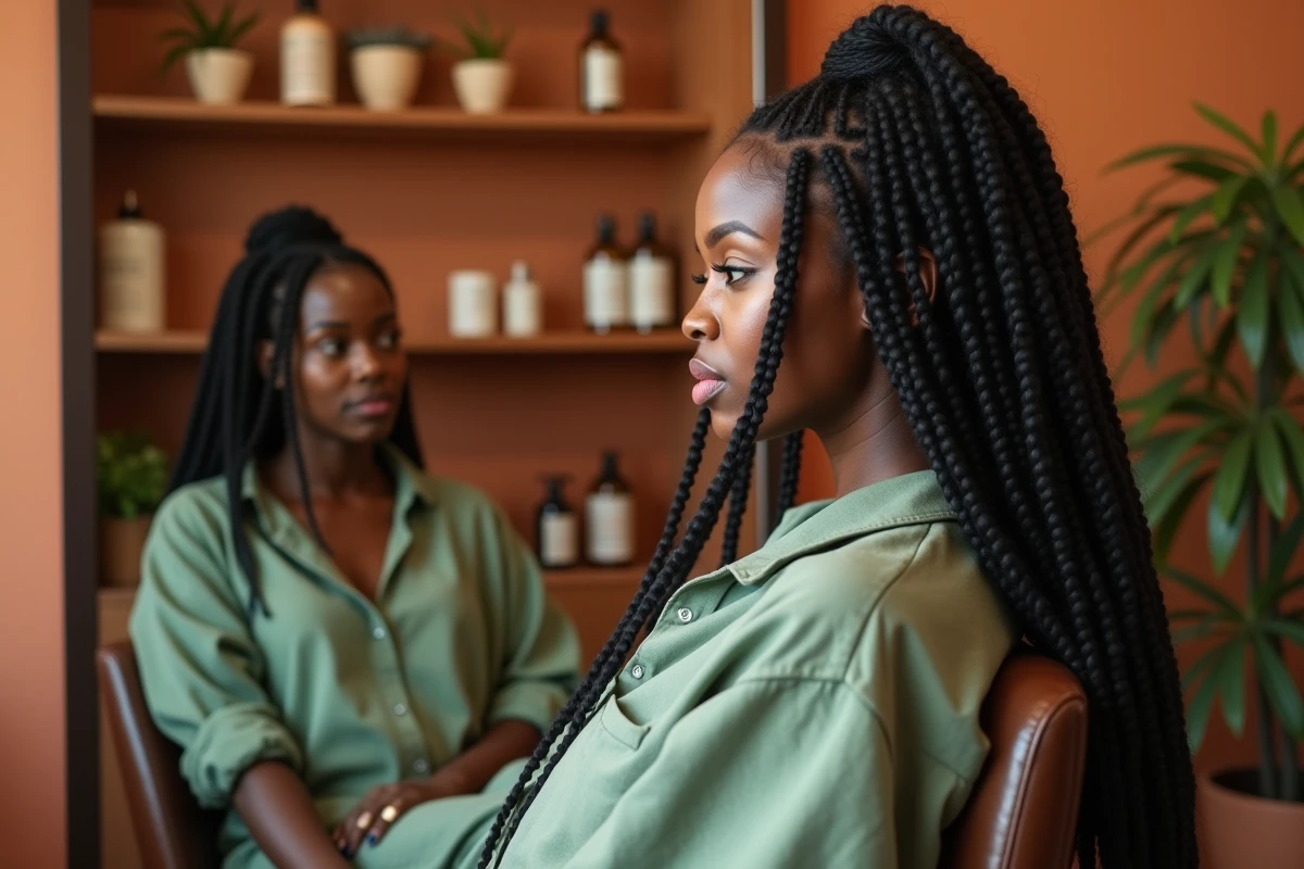 Jeune femme noire aux longues tresses box braids assise dans un salon de coiffure afro naturel aux tons terracotta