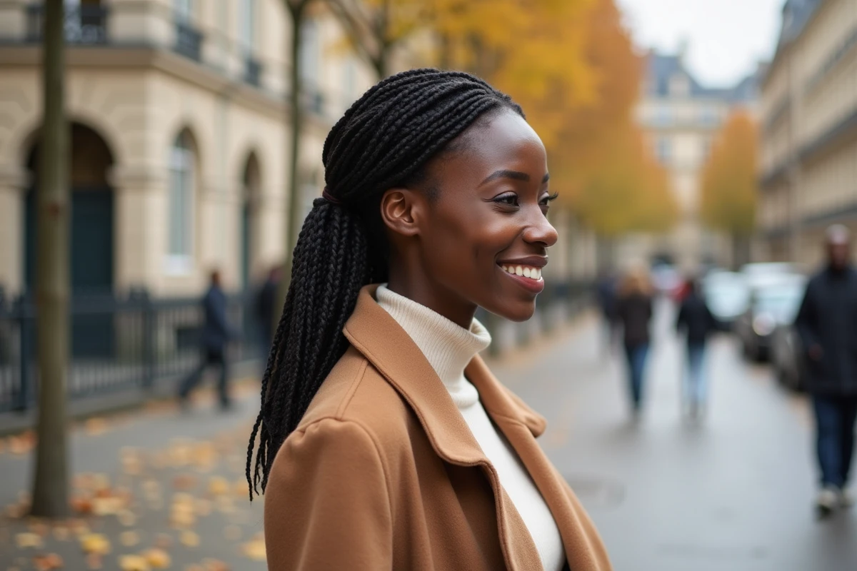 Femme noire aux vanilles twists portant un manteau camel dans une rue parisienne en automne
