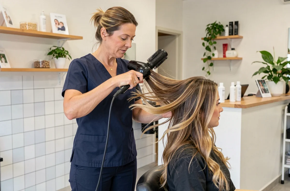 Coiffeuse brushant les cheveux d'une cliente dans le salon Coiffure Hélie à Caen