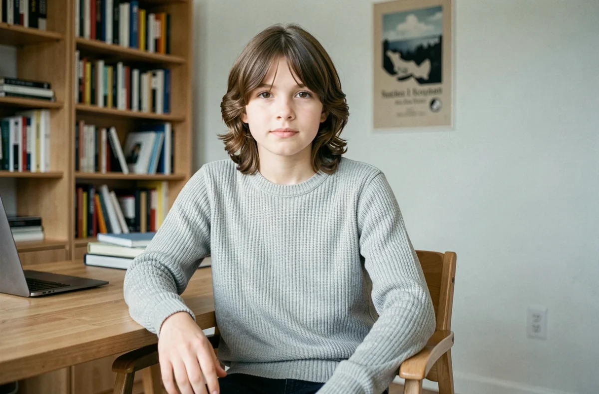 Coiffure rideau garçon 14 ans 2026 – look propre moderne pour la rentrée scolaire dans chambre bureau