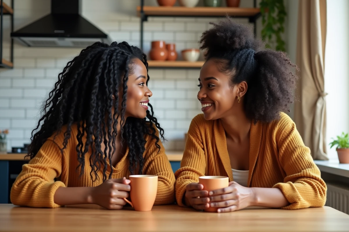 Deux femmes noires aux coiffures afro naturelles sisterlocks et cheveux en puff discutant autour d'un café dans une cuisine moderne
