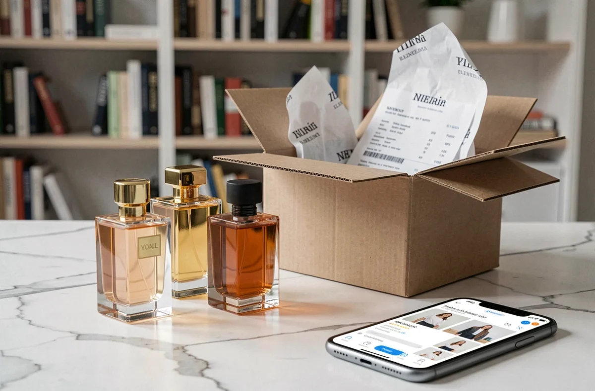 Colis de livraison Primor ouvert sur un bureau avec plusieurs flacons de parfums de luxe et une commande en ligne