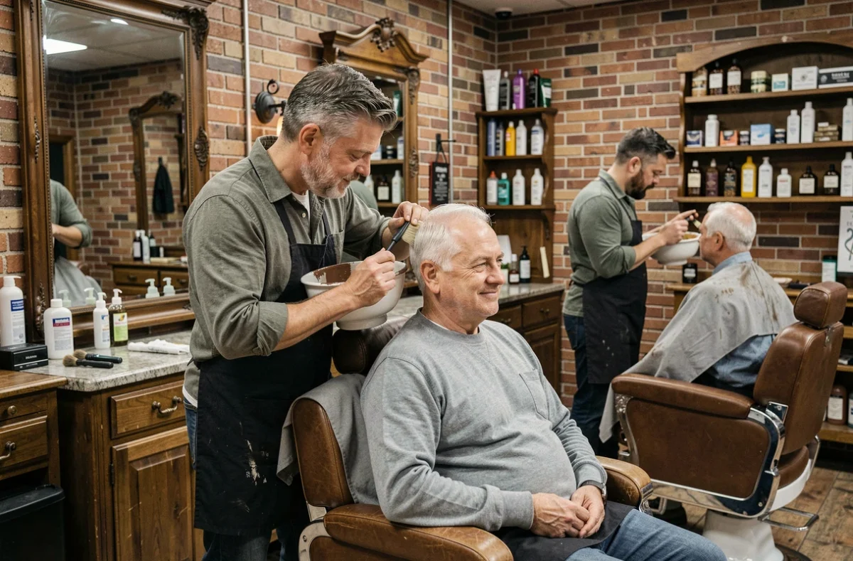 Barbier professionnel appliquant une coloration capillaire sur les cheveux blancs clairsemés d'un homme mûr dans un salon de coiffure
