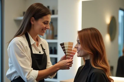Coloriste professionnelle pr&eacute;sentant des nuanciers de couleur capillaire &agrave; une cliente dans un salon de coiffure moderne