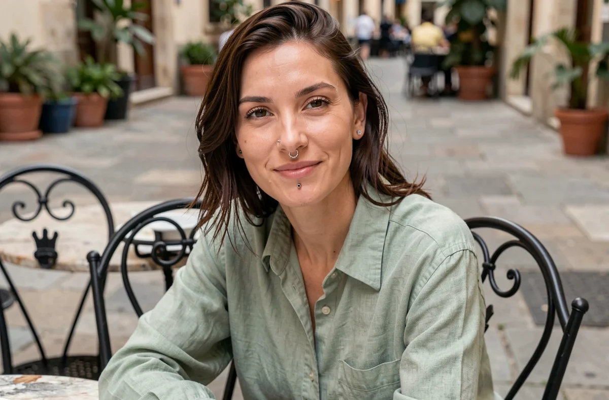 Femme avec piercing labret, Monroe et Medusa assise en terrasse de café, style éditorial lifestyle naturel