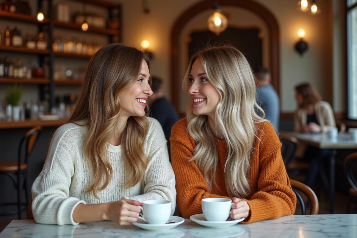 Deux femmes dans un café parisien comparant un balayage doré et des mèches platine sur cheveux châtains
