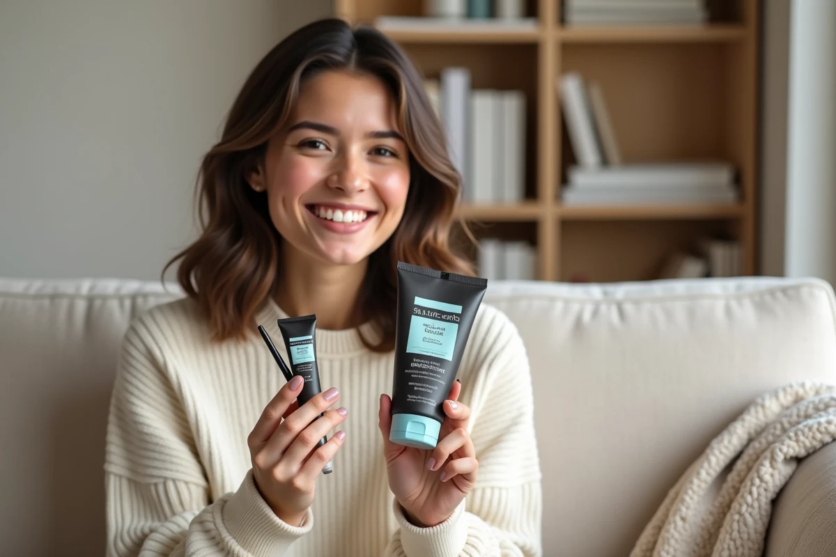 Jeune femme comparant un dentifrice au charbon actif et un stylo blanchissant de pharmacie chez elle